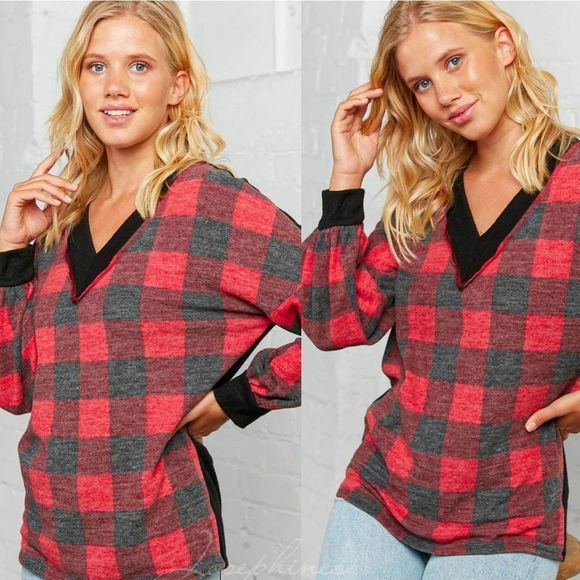 Soft V-Neck Red And Black Plaid Top - Picture 3 of 7